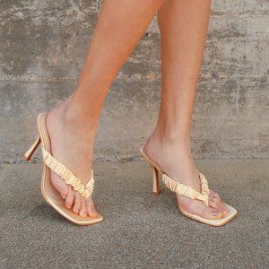 Lulus Cabrera Champagne Satin Square Toe High Heel Sandals (NEW)